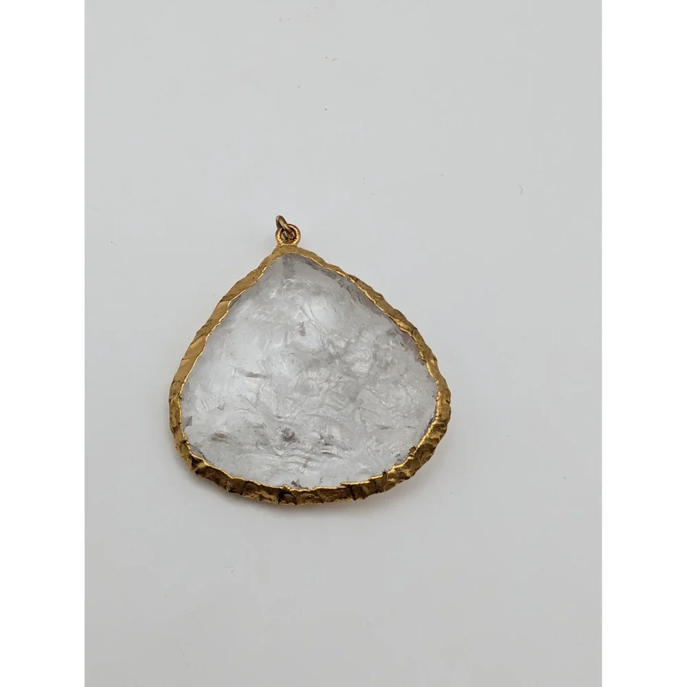 Unsigned Raw Clear Quartz Crystal Slice Pendant Gold Tone Edge Boho Statement